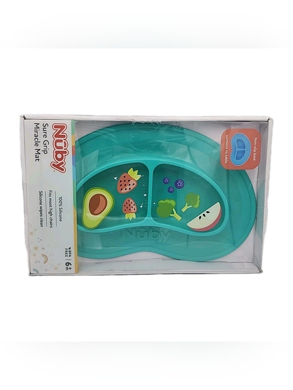 Nuby Sure Grip 100% Silicone BPA Free Miracle Mat 2-Section Oval Plate Aqua Blue